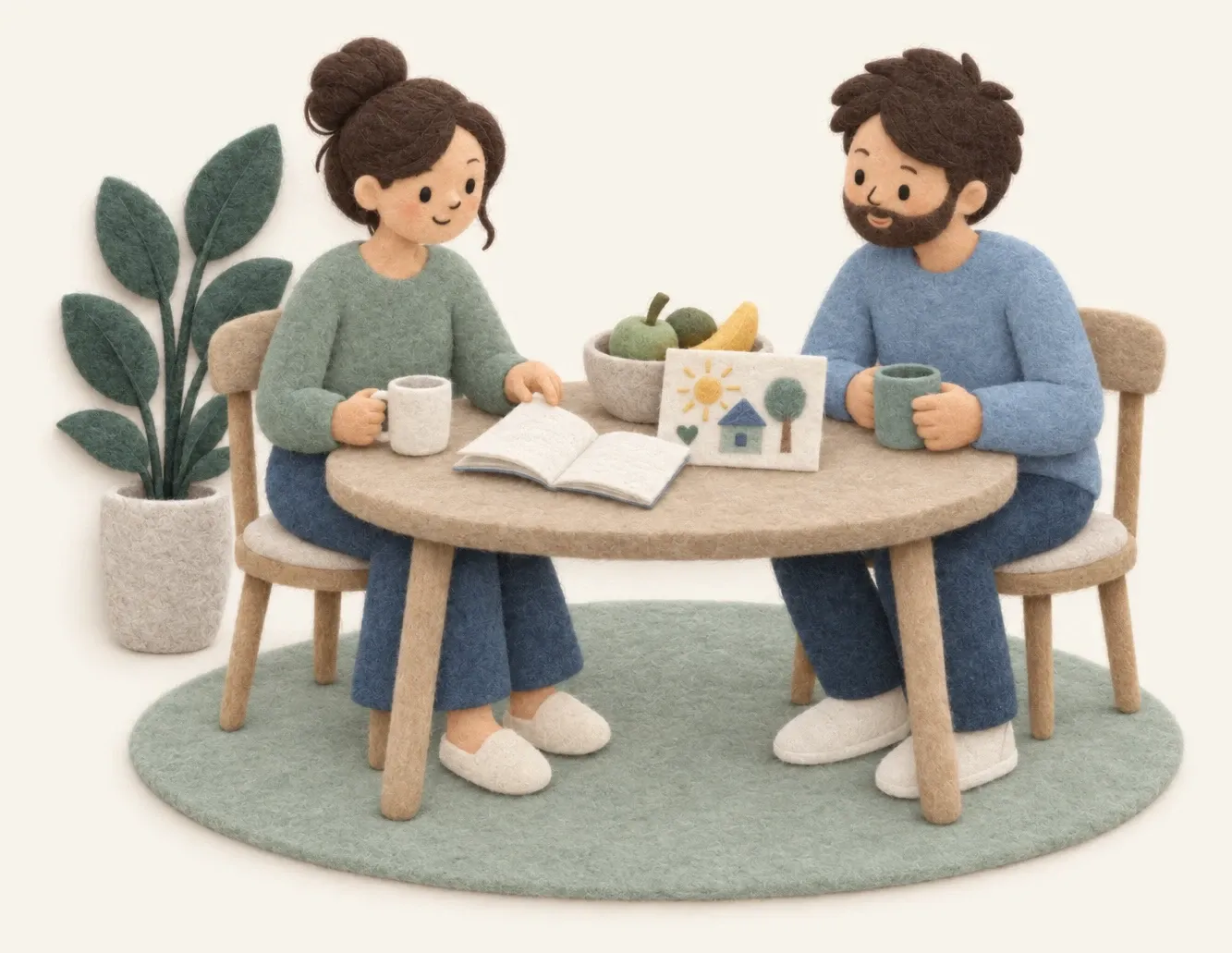 Felt-paper parents sitting together at a table over a drawing