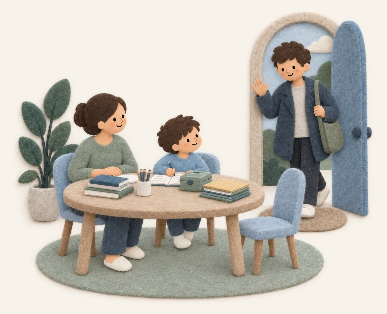 Felt-paper parent arriving through a door as a child does homework