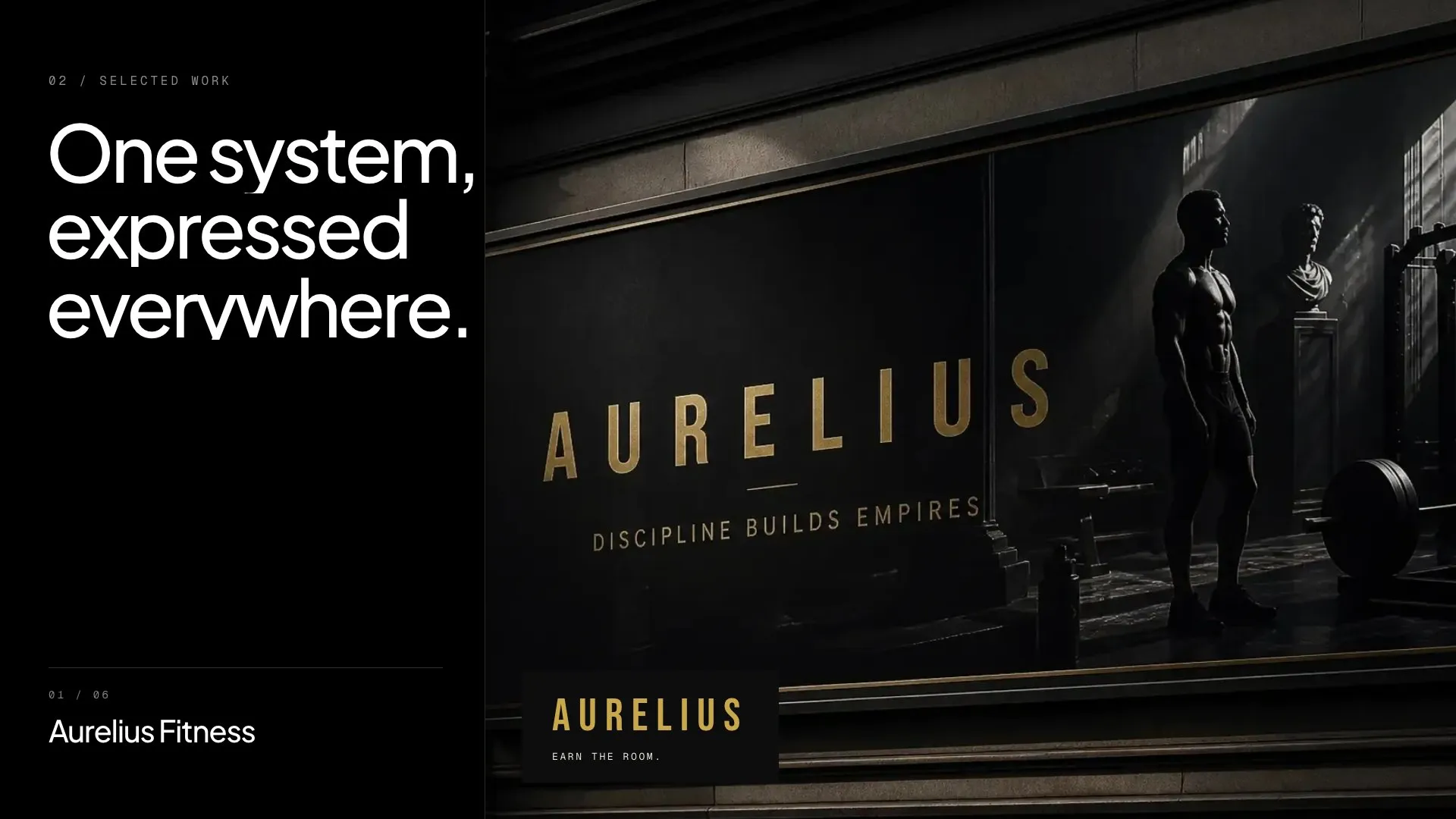 Aurelius Fitness brand world: dark gym imagery with a gold wordmark