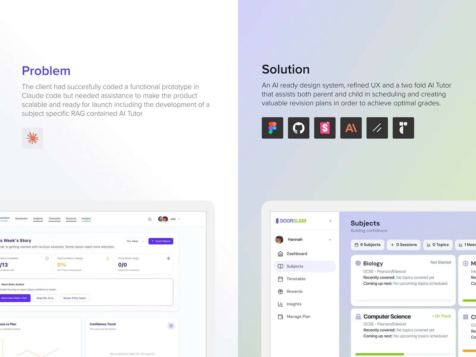 Problem and solution panels: the original prototype dashboard beside the redesigned subjects screen