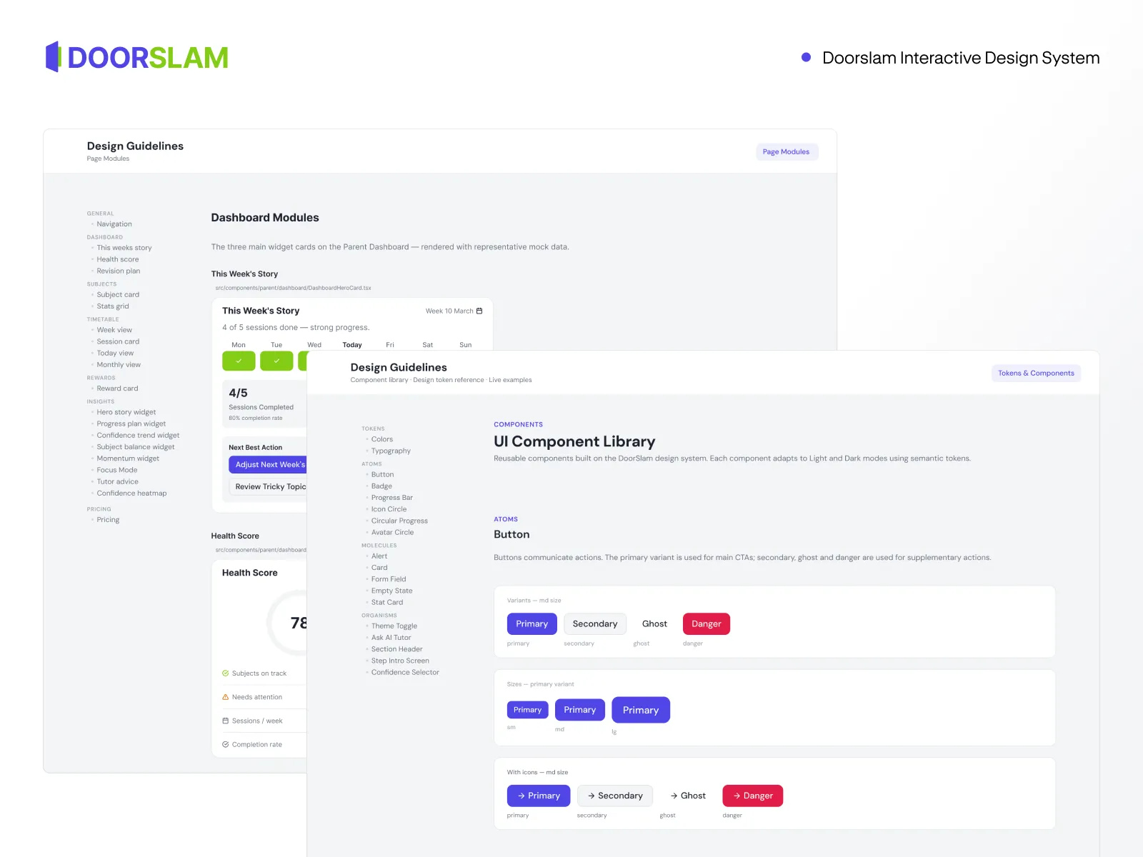 Doorslam interactive design system: dashboard modules and UI component library