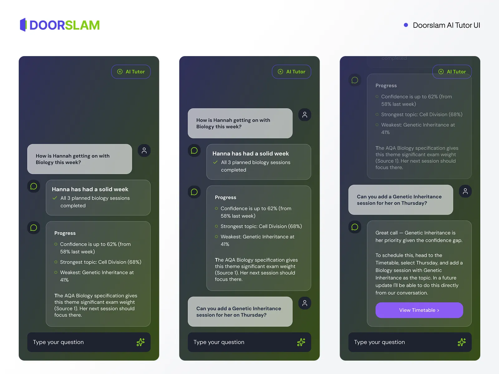 Three AI tutor screens showing a progress conversation and scheduling a new revision session
