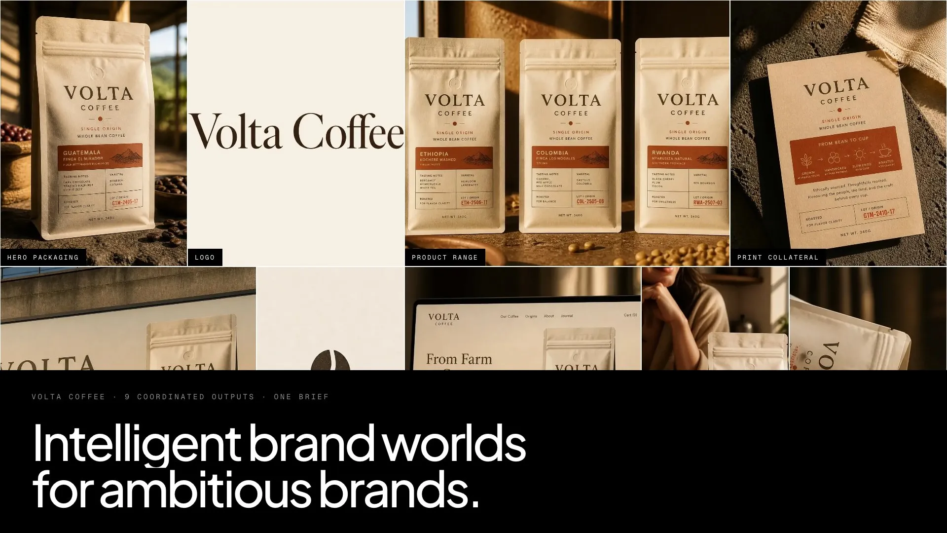 Grid of generated Volta assets under the line Intelligent brand worlds for ambitious brands