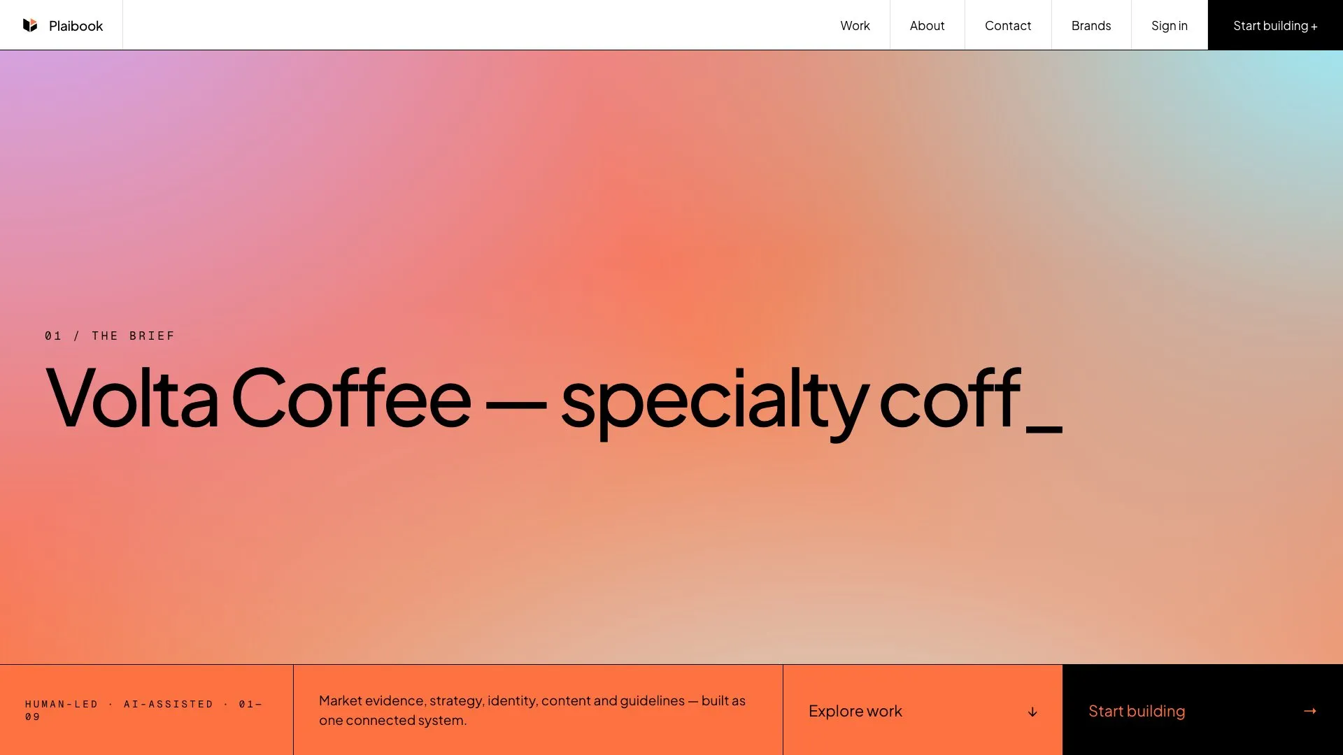 Plaibook brief screen: a coral gradient field with the brief Volta Coffee, specialty coffee being typed