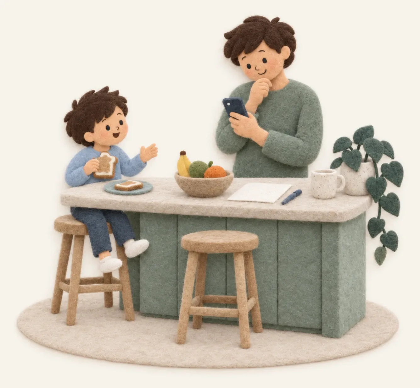 Felt-paper parent reading a phone while a child eats breakfast