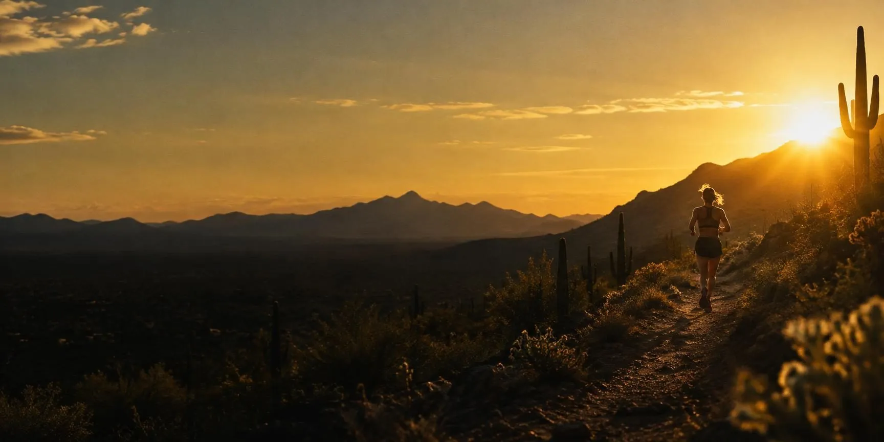 A runner on a desert trail at sunset with mountains behind
