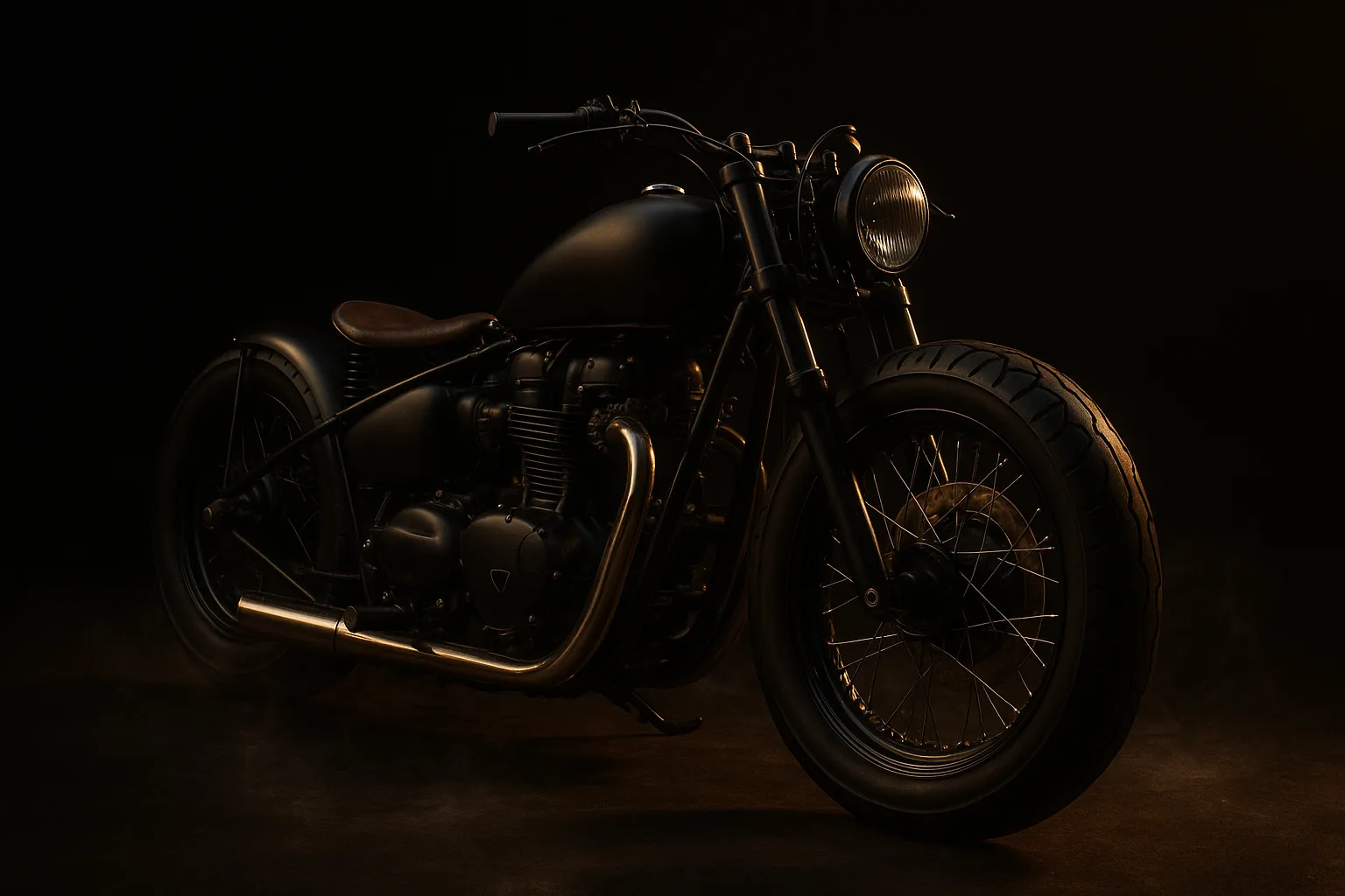 A dark matte bobber with brass accents, generated as an IRONFORM concept render
