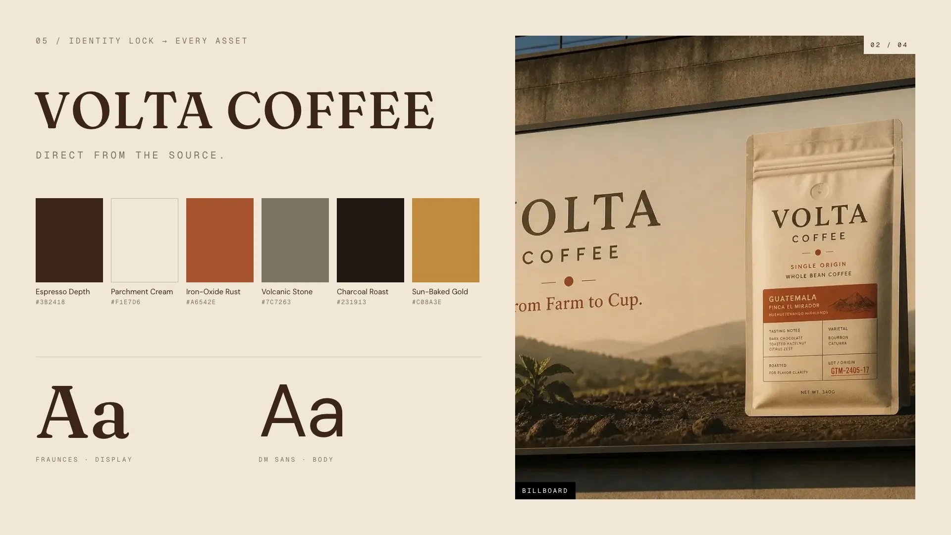 Volta Coffee identity lock: wordmark, six colour swatches and two typefaces