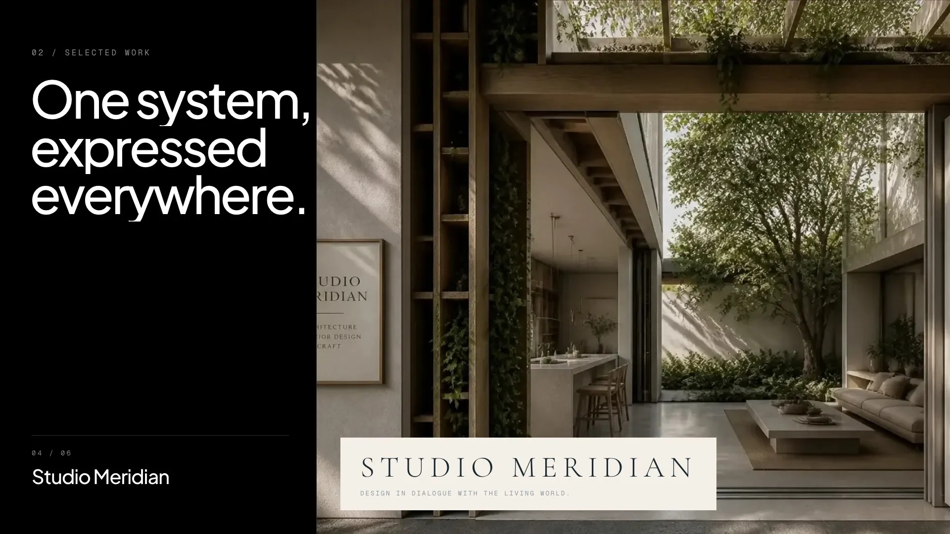 Studio Meridian brand world: a biophilic interior with a quiet serif wordmark