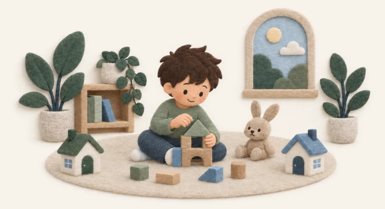 Felt-paper child building block houses between two homes