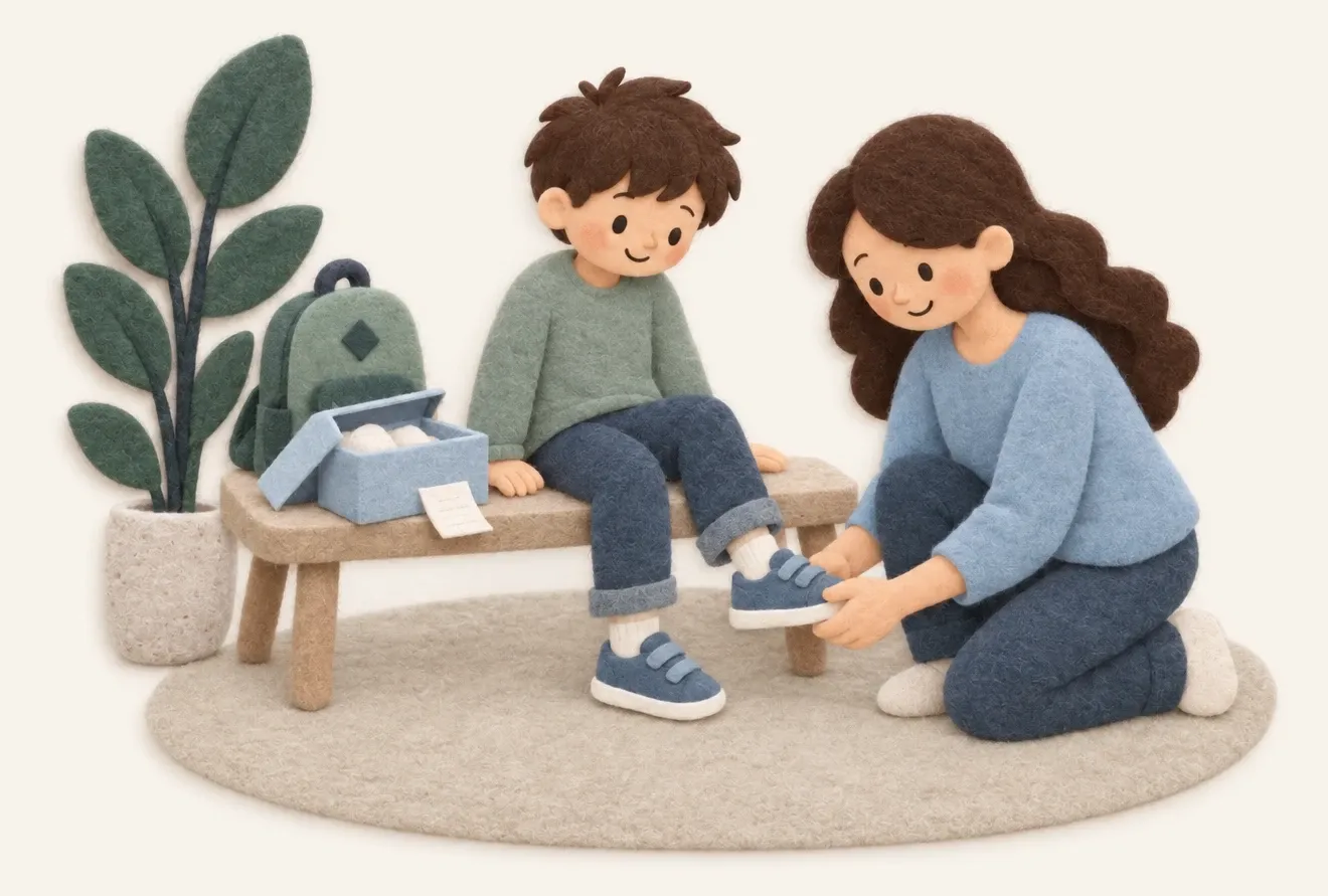 Felt-paper parent helping a child try on new shoes