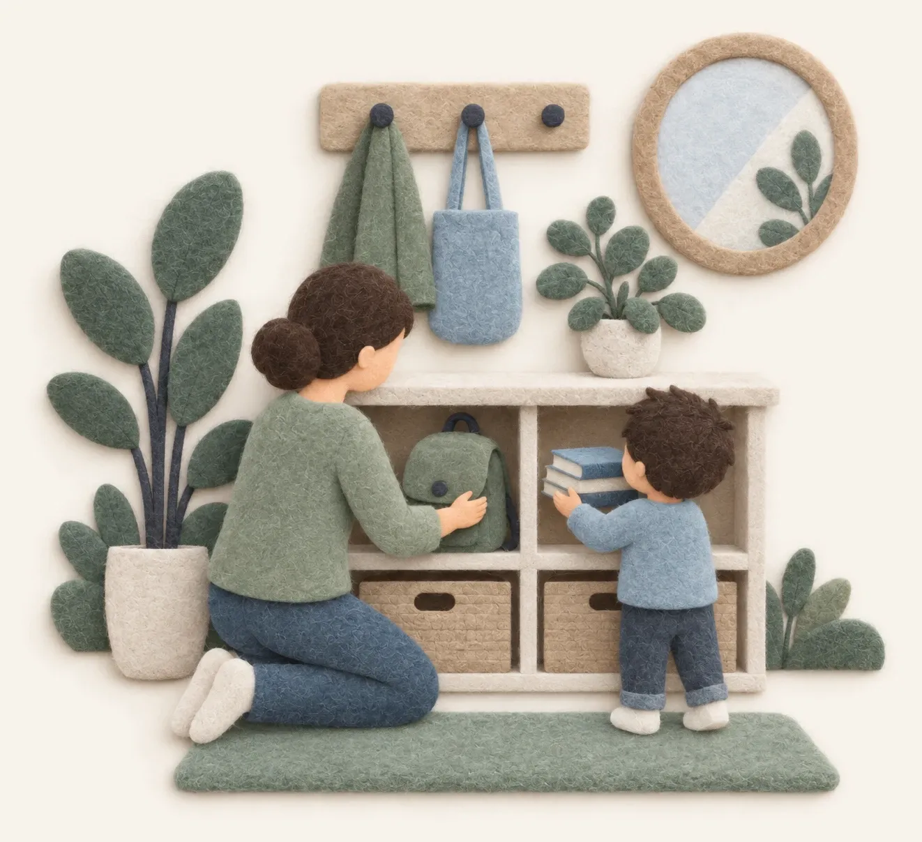 Felt-paper parent and child packing a bag at a shelf
