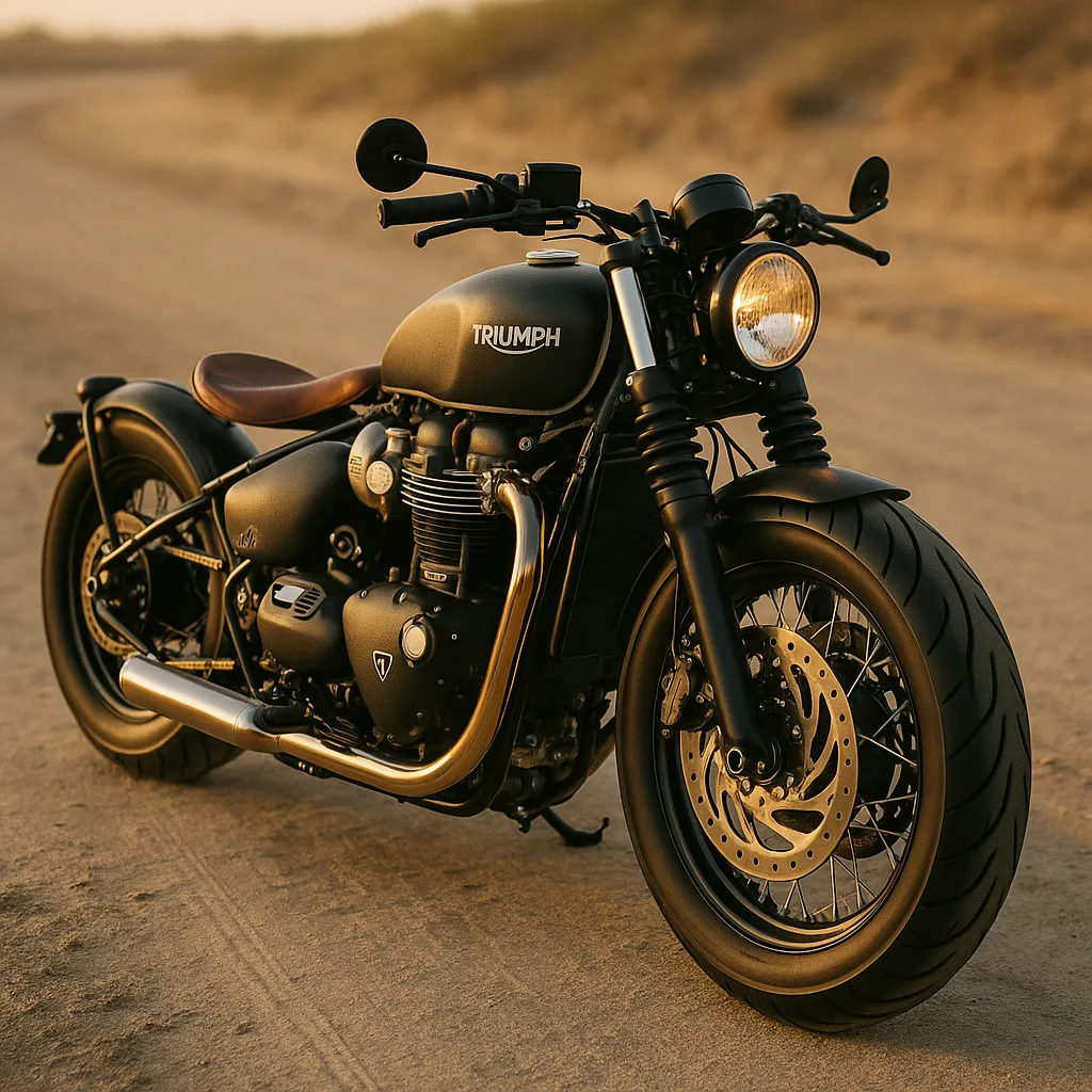 Three-quarter hero view of a black and brass custom build on a dirt road at sunset