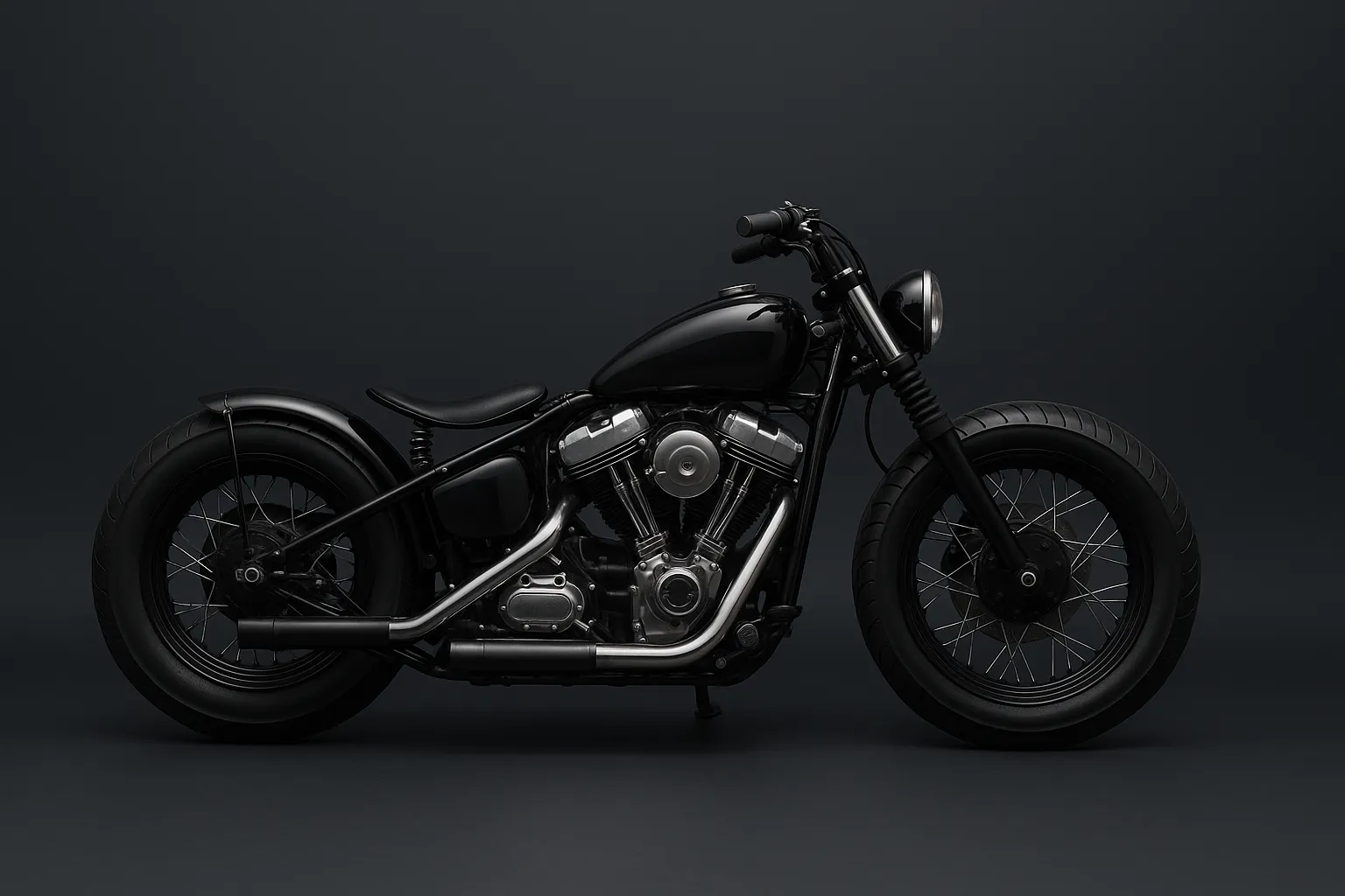 Clean side profile of a blacked-out bobber on a grey studio backdrop