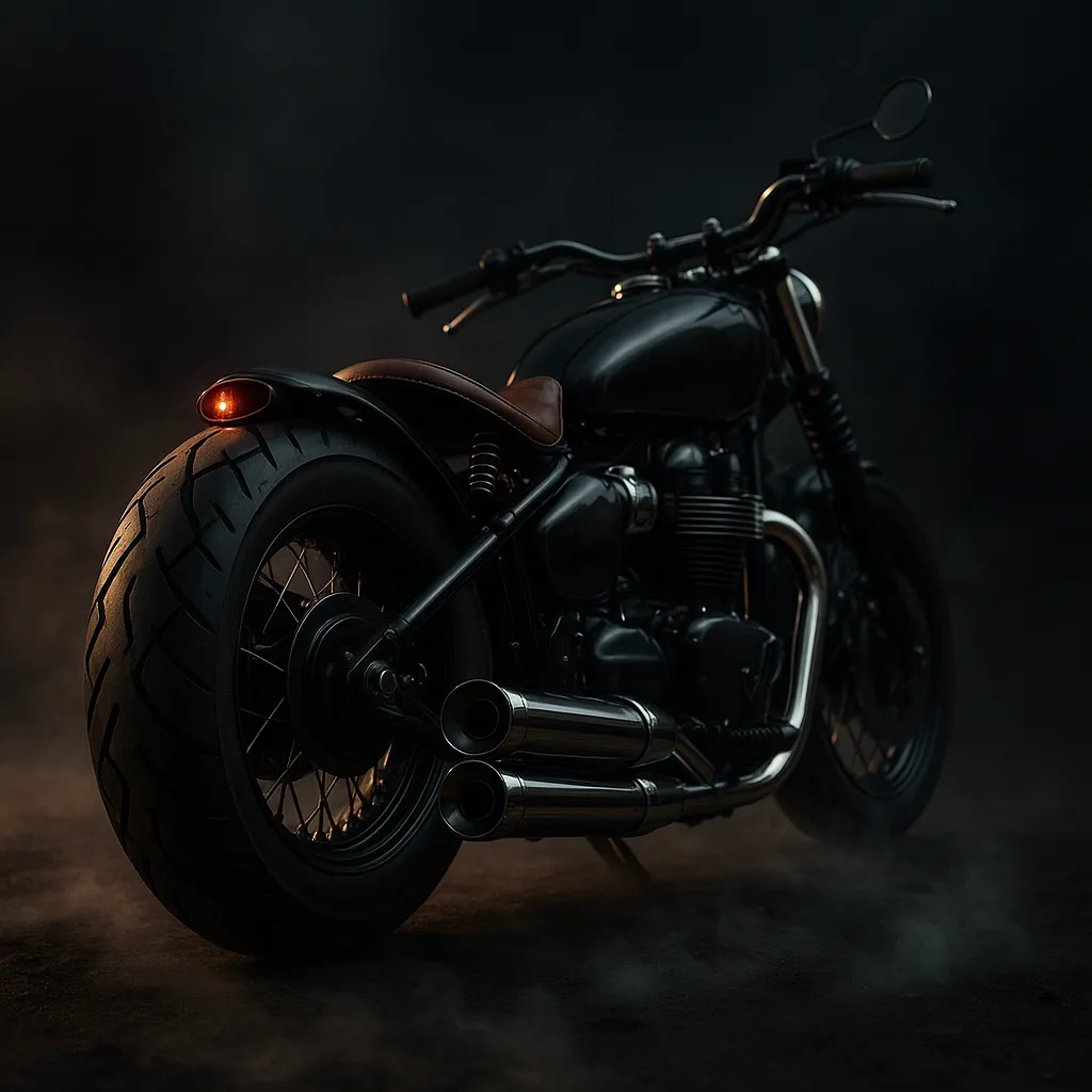 Dramatic low rear view of a dark bobber with twin exhausts in smoke