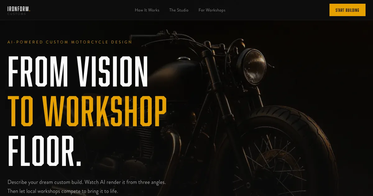 IRONFORM landing page: headline From vision to workshop floor over a dark bobber render