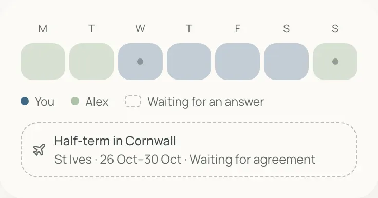Week strip showing whose day it is and a half-term trip waiting for agreement