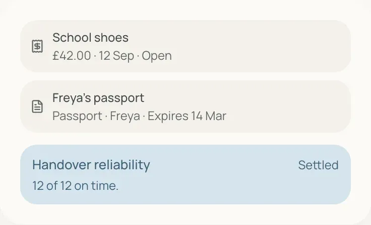 Shared record: school shoes expense, a passport and handover reliability
