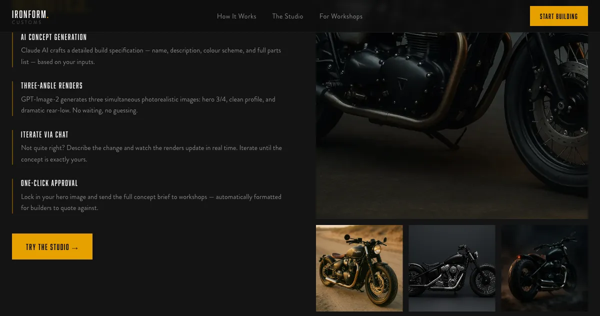IRONFORM studio screen listing AI concept generation, three-angle renders, iterate via chat and one-click approval