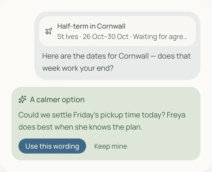 Message draft with A calmer option suggested by Tone AI