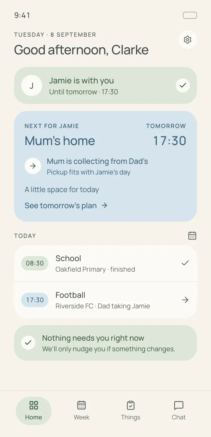 Coparity home screen: who the child is with, the next handover and today’s plan