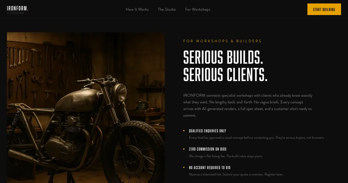 IRONFORM workshops screen: Serious builds. Serious clients.