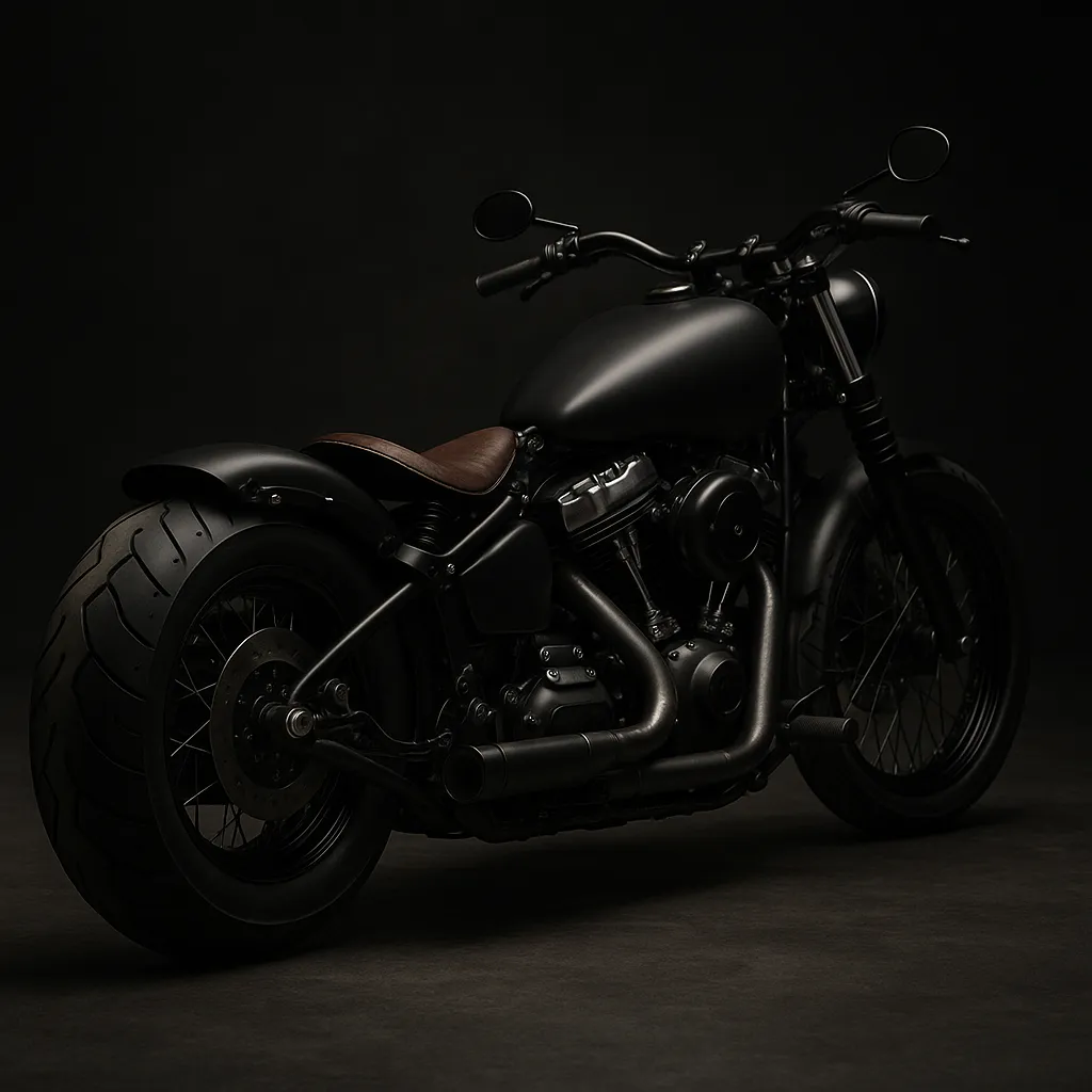 Matte black bobber with tan seat in a dark studio
