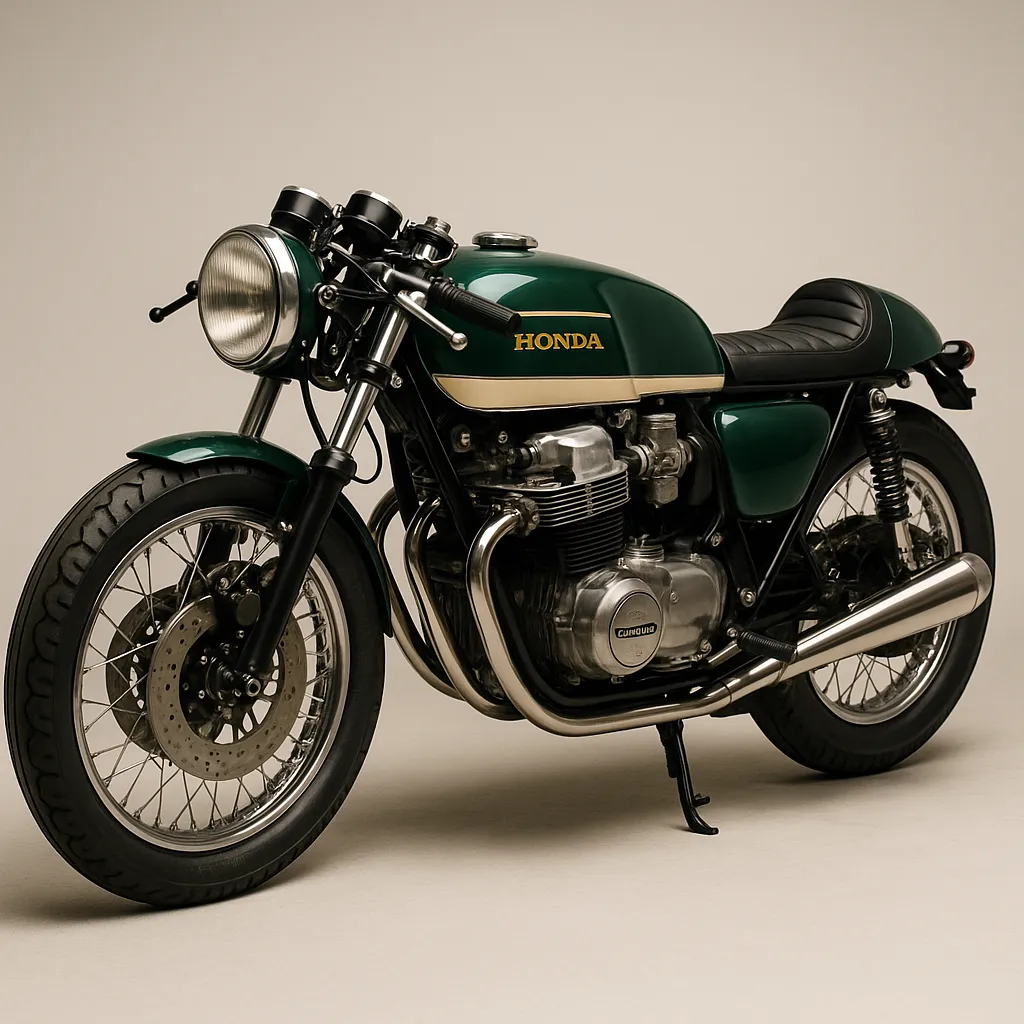 Green and cream café racer on a light backdrop