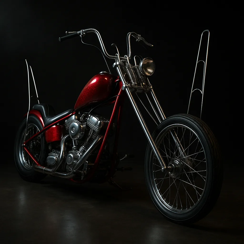 Red chopper with tall ape-hanger bars in a dark studio