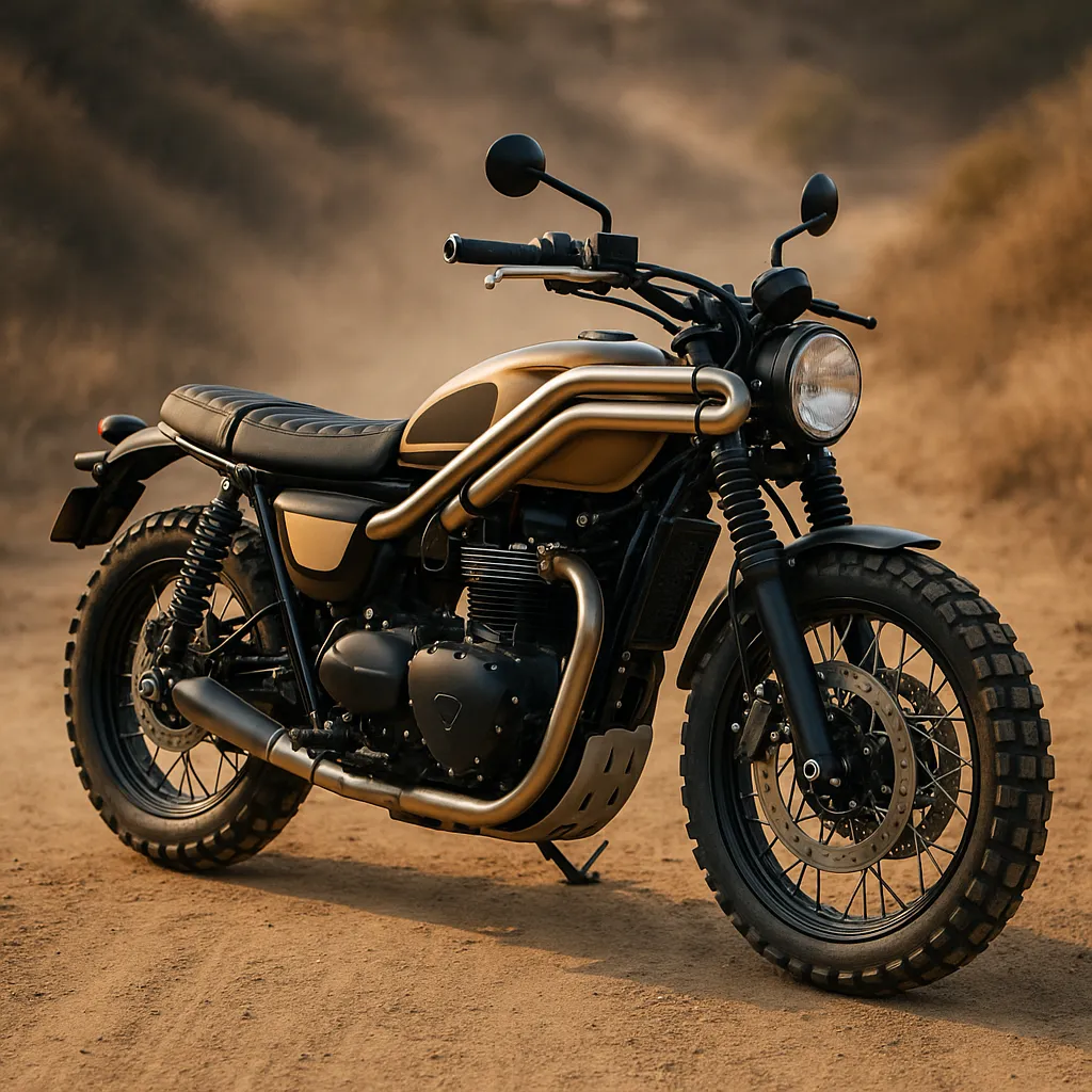 Black and brass scrambler on a dusty trail