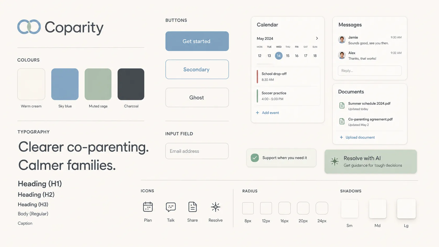 Coparity style tile: logo, soft blue, sage and charcoal swatches, buttons and type