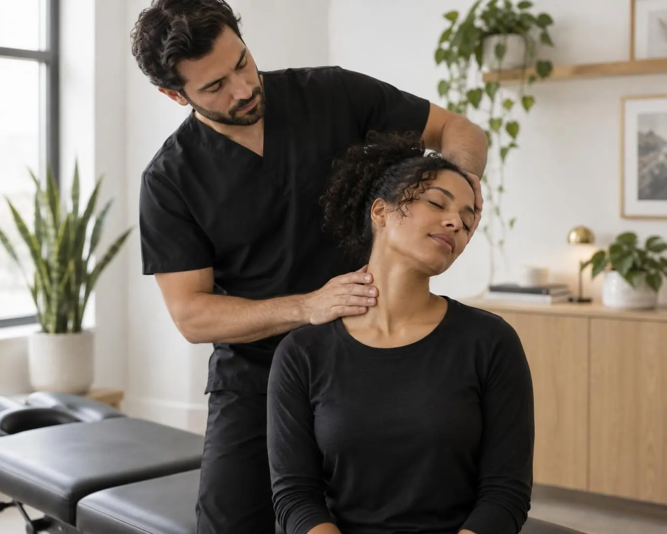 Chiropractor adjusting a patient’s neck in a bright clinic
