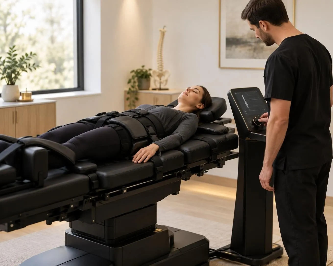 Patient on a spinal decompression table beside a clinician