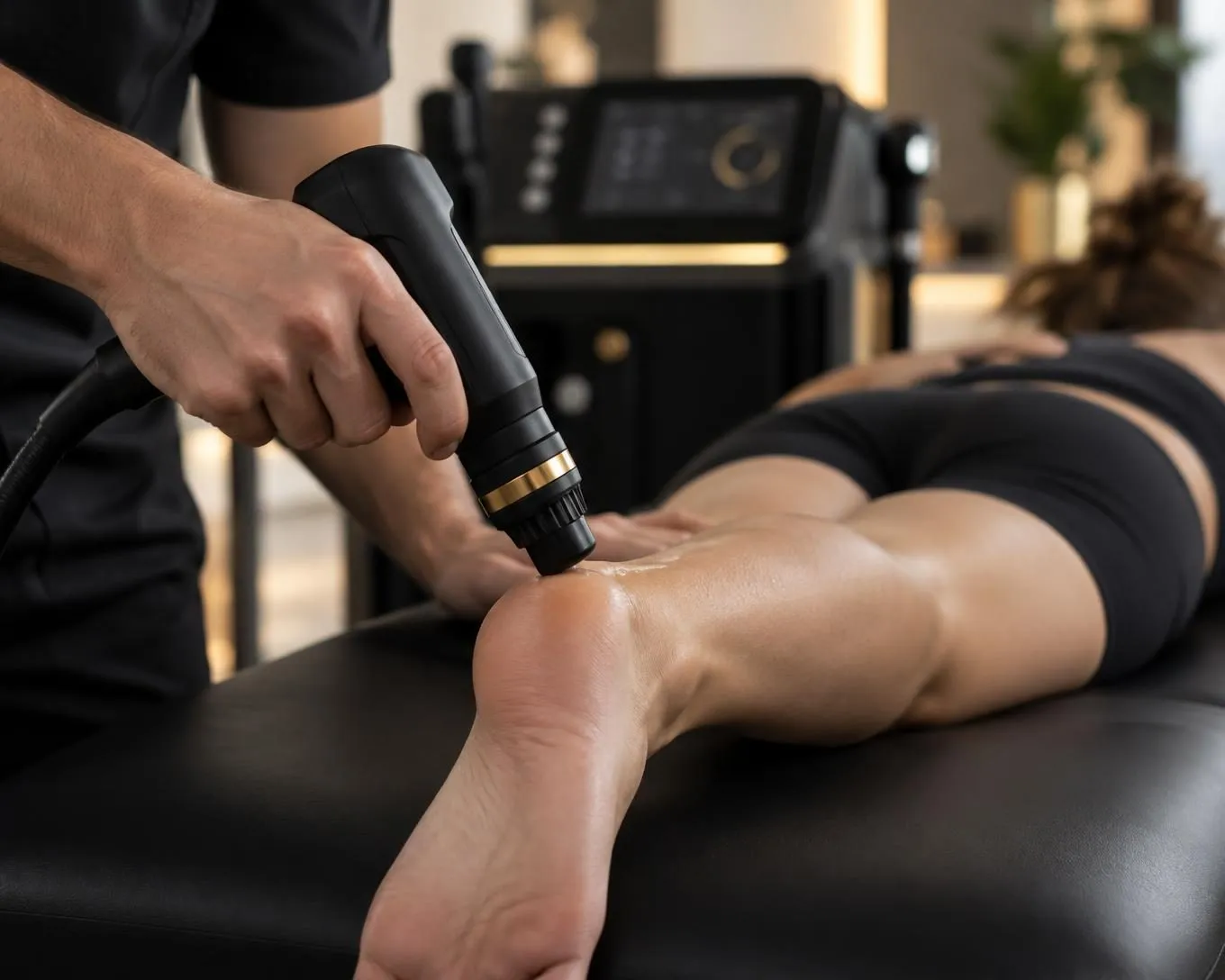 Shockwave therapy applied to a patient’s heel