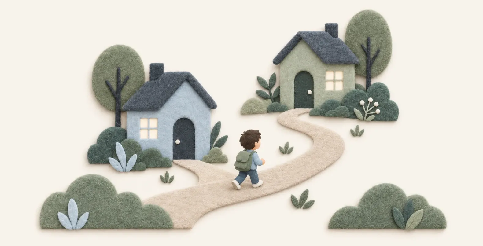 Felt-paper illustration of two homes joined by a winding path, a child walking between them