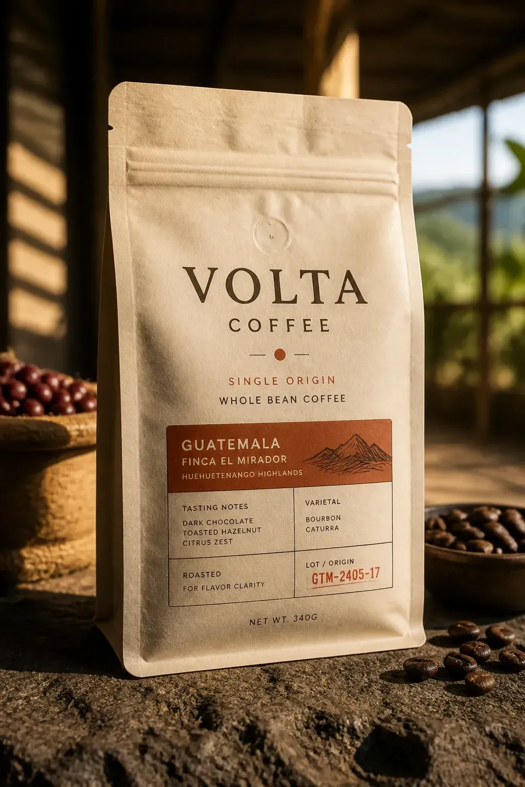 Volta Coffee single-origin bag on a sunlit table with coffee beans