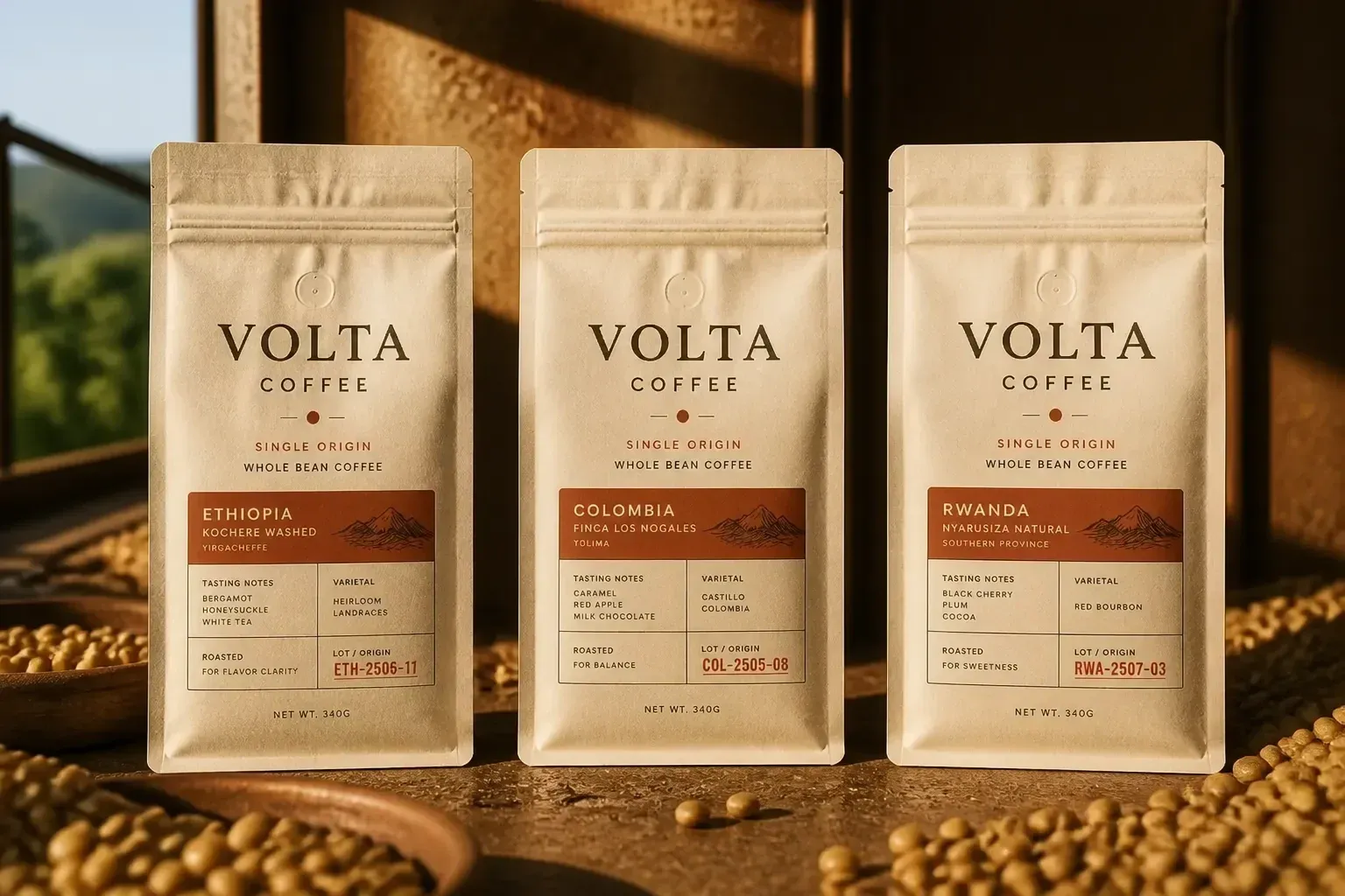 Three Volta bags for Ethiopia, Colombia and Rwanda