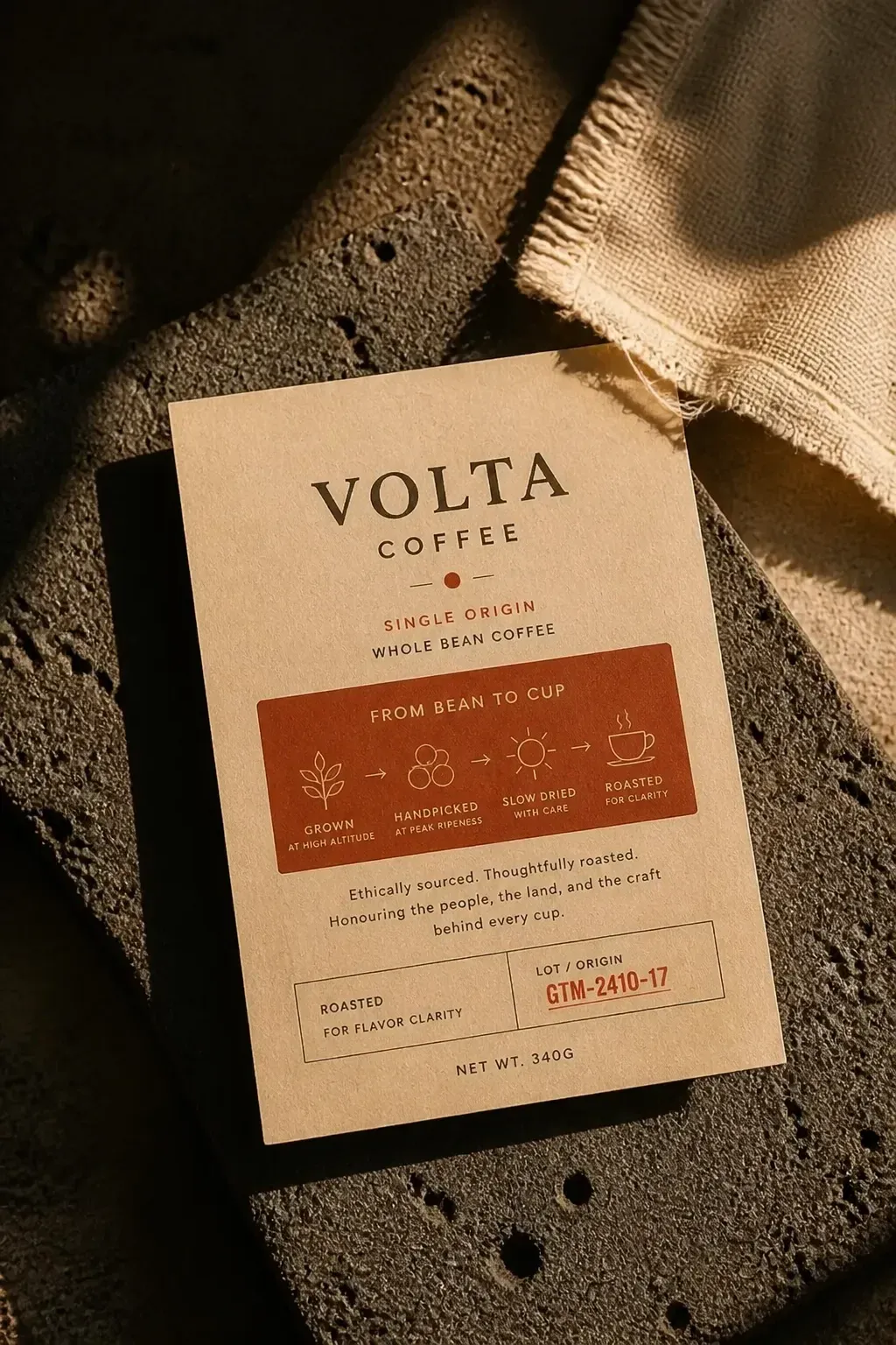 Back of a Volta bag showing the bean-to-cup journey