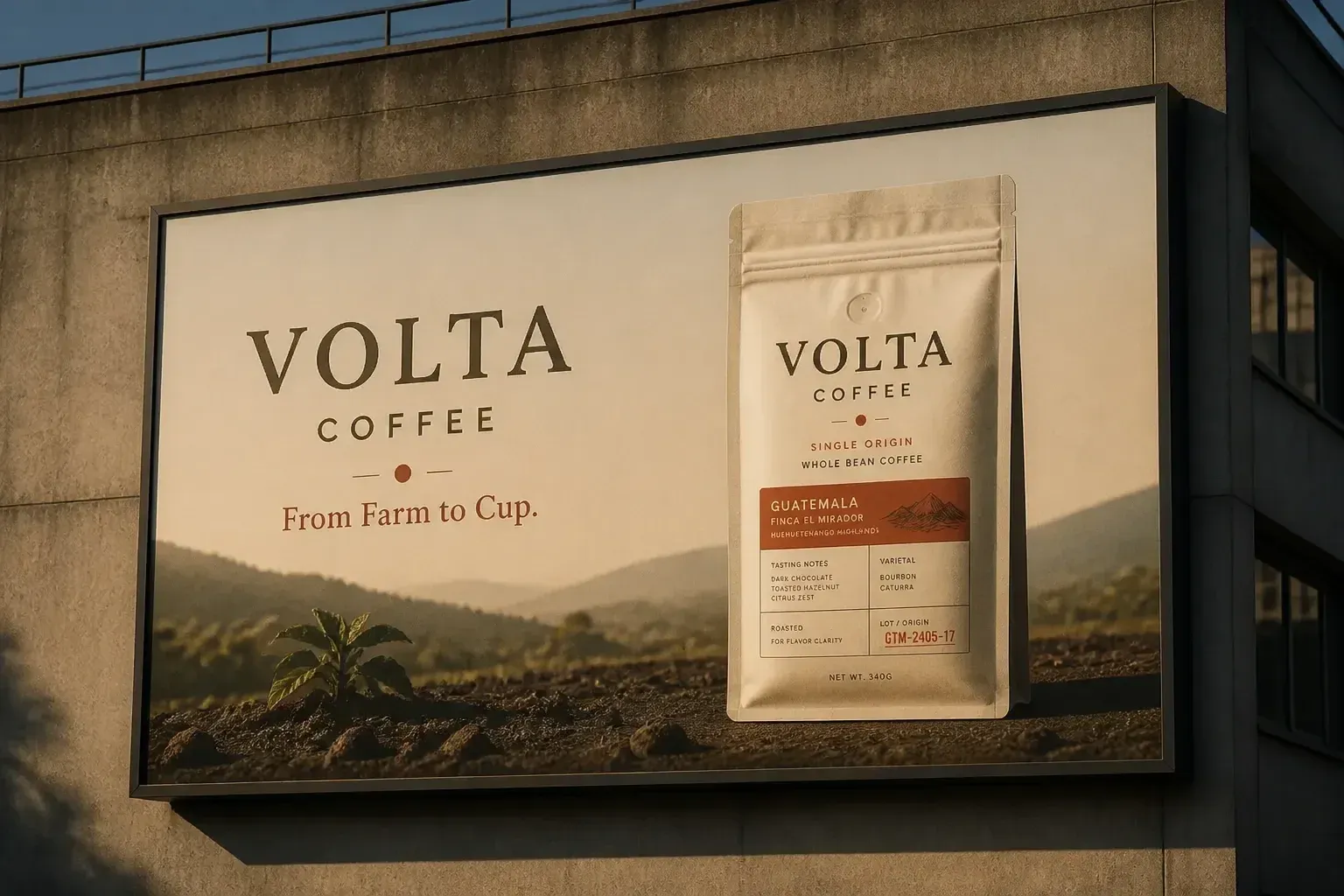 Volta billboard reading From Farm to Cup