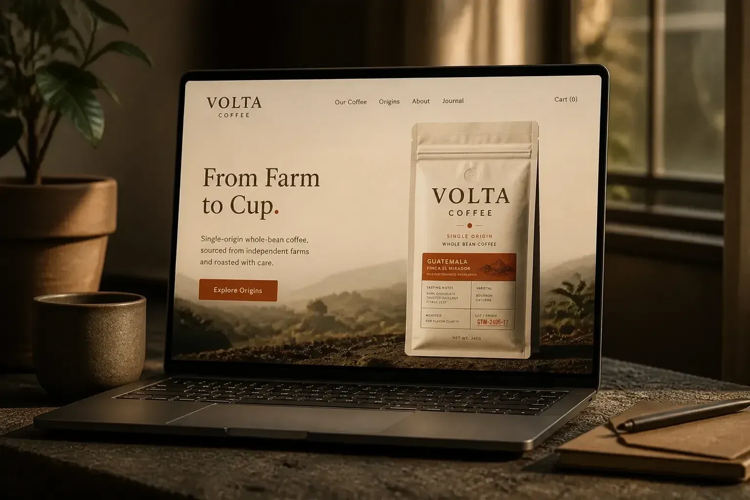 Volta website on a laptop in a café