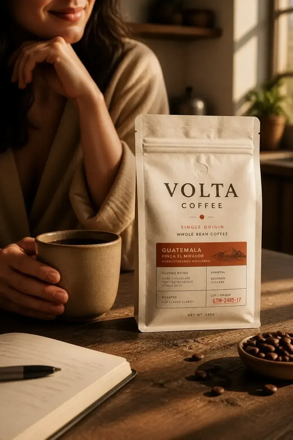 Woman with a coffee cup beside a Volta bag