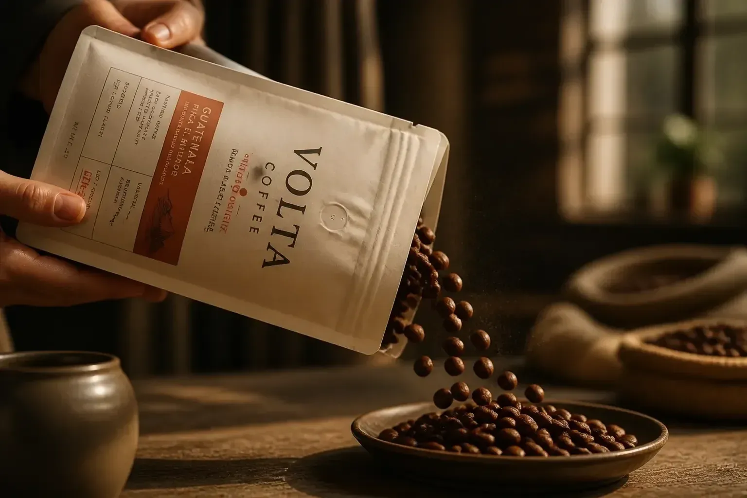 Beans pouring from a Volta bag