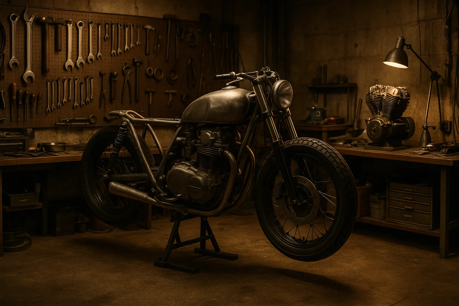 A custom bike on a stand in a warmly lit workshop lined with tools